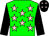 Green, pink stars, black sleeves, black cap, pink stars