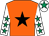 Orange, black star, white sleeves, emerald green stars, white cap, emerald green star