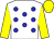 White body, blue spots, yellow arms, yellow cap