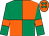 Emerald green and orange (quartered), emerald green sleeves, orange armlets, orange cap, emerald green spots