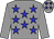 grey, blue stars, grey sleeves, grey cap, blue stars