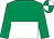 Emerald green and white halved horizontally, emerald green sleeves, quartered cap