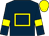 Dark blue body, yellow hollow box, dark blue arms, yellow armlets, yellow cap