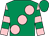 Emerald green, large pink spots, pink & emerald green hooped sleeves, emerald green cap