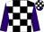 Black and white checks, purple sleeves, black and white checked cap, purple peak