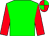 Green body, red arms, red cap, green quartered