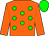 orange, green spots, orange sleeves, green cap