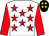 WHITE, red stars, red sleeves, black cap, yellow spots