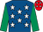 Royal blue, white stars, emerald green sleeves, red cap, white stars