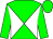 Green and white quartered diagonally, green sleeves and cap