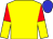 Yellow body, red arms, yellow halved, blue cap