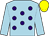 light blue, purple spots, light blue sleeves, yellow cap