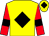 Yellow body, black diamond, red arms, black armlets, yellow cap, black diamond