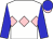 White, pink band of diamonds, blue sleeves and cap, pink peak