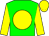 Green body, yellow disc, yellow arms, yellow cap