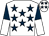 White, dark blue stars, dark blue and white halved sleeves