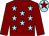 Maroon, light blue stars, maroon sleeves, light blue cap, maroon star