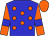 Blue, orange spots, orange sleeves, blue armlets, orange cap