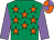 Emerald green, orange stars, mauve sleeves, orange and mauve quartered cap