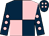 Dark blue and pink (quartered), dark blue sleeves, pink spots, dark blue cap, pink spots