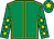 Emerald green, yellow seams, yellow stars on sleeves, yellow star on cap