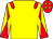 Yellow body, red epaulettes, yellow arms, red diabolo, red cap, yellow diamonds