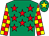 Emerald green, red stars, red and yellow check sleeves, emerald green cap, yellow star