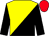 yellow and black halved diagonally, black sleeves, red cap