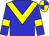 Blue body, yellow chevron, blue arms, yellow armlets, yellow cap, blue quartered