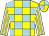 Yellow and light blue check, white and yellow striped sleeves, yellow and light blue quartered cap