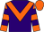 Purple body, orange chevron, orange arms, purple hooped, orange cap