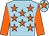 light blue, orange stars, orange sleeves,  orange star on cap