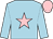 light blue, pink star, light blue sleeves, pink cap