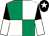 Emerald green and white (quartered), black and white halved sleeves, black cap, white star