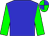 Blue body, green arms, green cap, blue quartered