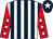 White and dark blue stripes, red sleeves, white stars, dark blue cap, white star