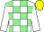 White and light green check, white sleeves, yellow cap