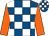 Royal blue and white check, orange sleeves