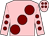 Pink, large maroon spots, pink sleeves, maroon spots and spots on cap