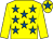 Yellow, royal blue stars, yellow sleeves, yellow cap, royal blue star