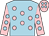 light blue, pink spots, pink sleeves, light blue spots, pink cap, light  blue spots