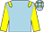 Light blue, yellow epaulettes, yellow arms, light blue cap, yellow stars