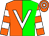 Orange and green halved vertically, white 'v' bib, hooped sleeves and cap