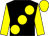 Black body, yellow large spots, yellow arms, yellow cap