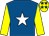 Royal blue, white star, yellow sleeves, yellow cap, royal blue stars