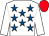 White, royal blue stars, white sleeves, red cap