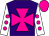 Purple, dayglo pink maltese cross, white sleeves, dayglo pink spots and cap