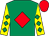 Emerald green, red diamond, yellow sleeves, emerald green diamonds, red cap