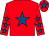 Red, royal blue star on body and cap, red sleeves, royal blue stars