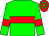 Green body, red hoop, green arms, red armlets, red cap, green hooped